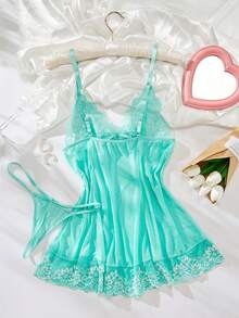 Atmosphere Green Lace Edge Robe Two Piece Set - Sexy And Comfortable Sleepwear - Suitable For Women - Perfect For Date Nights And Underwear Parties - Encounter Romantic Atmosphere - Inject Unique Luxury Into The Overall Look - Ideal Gift For Her - màu xanh lá - Xem 2