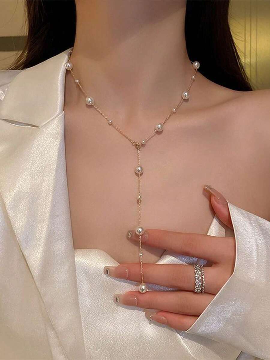 1 件优雅仿珍珠流苏 Y 形长项链，女士派对珠宝礼物，适合锁骨链 - 彩色 - 查看 1