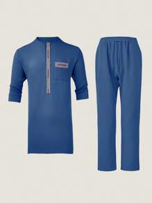 2 peças/Conjunto, Primavera/Verão Nova Dashiki Masculina, Top de Manga Curta Cinza com Bordado Contrastante, Gola Redonda, Calça de Cintura Elástica, Vestuário Africano, Conjunto de Manga Curta Casual Masculino, Streetwear, Festa, Casamento, Eventos Culturais, Cerimônias Tradicionais