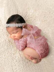 2 pezzi Tutina in pizzo e fascia per neonati, completo di fotografia per bambine con decorazione in tulle, accessorio fotografico per neonati