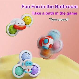 Three Colorful Space Suction Cup Rotating Toys, Toddlers Toys Over 18 Months Old, Kid's Toys For Education, Suitable For Bathtub, Living Room, Table, Bathroom Games, Kid's Sensory Toys, Baby Items