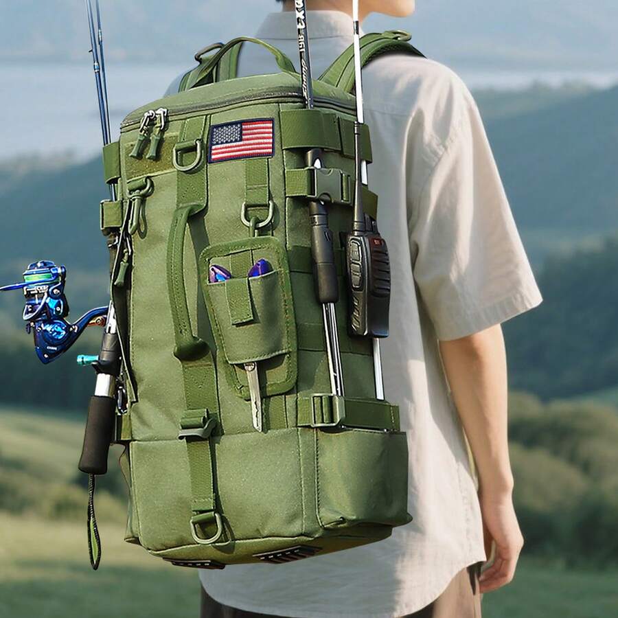 Large Capacity Militarily Tactical Backpacks Waterproof 3-In-1 Fishing Backpack With Flag Patch Multi-Function Outdoor Picnic Tackle Storage Backpack - Green - View 1