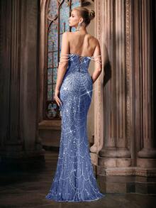LUVISTRUE 仙女气质珍珠装饰礼服女式亮片晚礼服适合毕业季舞会、生日派对、联欢晚会、鸡尾酒会、音乐会、颁奖典礼单肩及地长裙 - 霧霾藍 - 查看 2