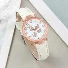 6 pièces Montres pour femmes, cadran simple avec chiffres et aiguilles papillon, montre à quartz ronde. Ensemble de montres, collier, bracelet, bague, boucles d'oreilles. Cadeau pour fête, mariage, vacances à la plage, Saint-Valentin