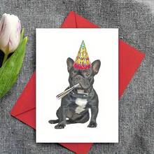 Cartão de aniversário alegre com envelope para buldogue francês, perfeito para amigos, familiares e entes queridos em seu dia especial - com um cachorro em um chapéu de festa, ideal para o Natal