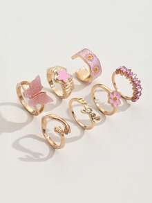 Colección de 7 piezas de anillos decorativos elegantes, dulces y con estilo en color rosa - Perfectos como regalo de cumpleaños para adolescentes - Rosa - Ver 4