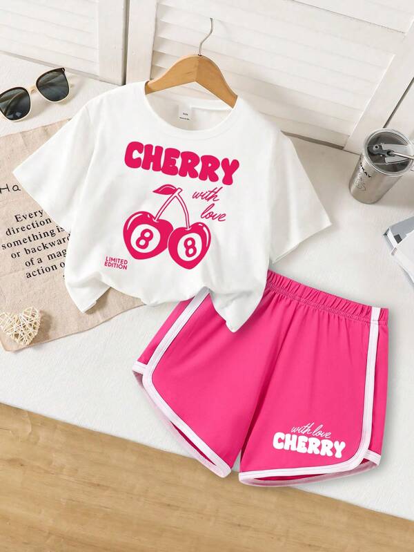 2pcs/Set Tween Girls Letter & Cherry 8 Print Cropped Round Neck Short Sleeve T-Shirt & Sports Shorts Set, Girls Spring & Summer Short Top & Shorts Outfit