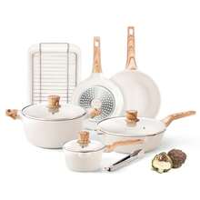 RIOVARM Induction Pots And Pans Set With Lids Nonstick Cookware Set With Granite Coating PFOA-Free Pans With Wood Grain Handle Frying Pan Saucepan Casserole Omelete Pan - Beige - View 1