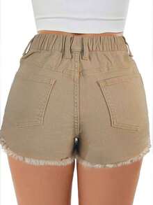 Women Elastic Drawstring Waist Distressed Denim Shorts With Pockets - Apricot - View 5
