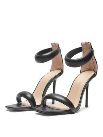 Women's Heeled Sandals With Buckle Strap In Black Polyurethane - Size US 5-10 / UK 3-8 / EU 36-41 - Ladies Elegant Stiletto Heels For Parties, Weddings & Special Events - Durable, Comfortable And Fashionable Summer Footwear