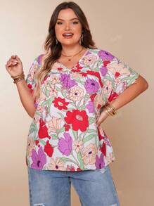 V-Neck Floral Print Casual Festival Vacation Short Sleeve Ruffle Hem Pullover Blouse, Plus Size Women