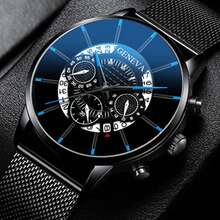 4-Piece Men's Stainless Steel Watch & Jewelry Set - Quartz Watch, Bracelet, Necklace, Ring With Gift Box - Versatile For Casual & Formal Occasions - Birthday/Anniversary Gift For Him - Black&Blue-4 pcs - 查看 4