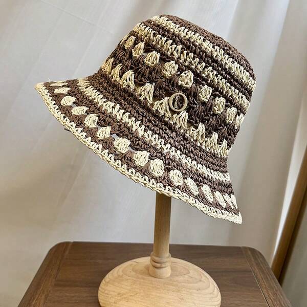 1pc Handmade Crochet Women's Cute Sun Hat, Foldable Summer Travel Cap