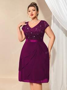Plus V Neck Sequin Lace Contrast Ruffle Trim Chiffon Hem Cocktail Party Swing Dress