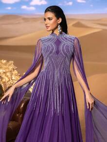 Faeriesty 奢华珠饰晚礼服，饰以几何图案和飘逸的珠饰刺绣，配以轻盈飘逸的雪纺垂袖，及地长裙，适合正式晚宴、婚礼和高端红毯活动。优雅派对之选。 - 紫色 - 查看 5