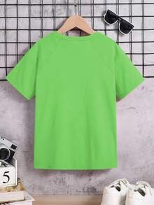 Marvel 創意卡通綠巨人、字母標語、影視、漫畫角色印花圖案，春夏 男童/女童同款，學院運動風羅紋純棉T卹 ，垂感柔軟透氣童裝插肩短袖上衣 - 葉綠色 - 查看 2