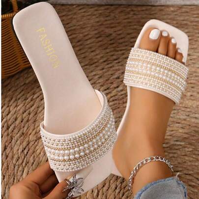 Sandalias de mujer con adorno de perlas, dulces y elegantes, planas y cómodas, versátiles, adecuadas para el uso diario, viajes, playa, sandalias/zuecos de moda tipo slip-on