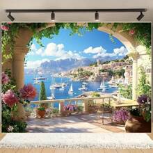 1pc Mediterranean Coast Photography Background - Vibrant Polyester Wall Decor With Scenic Coastal Landscape, Suitable For Indoor/Outdoor Party, Home Decor, Studio Props - No Power Required, Coastal Home Decor