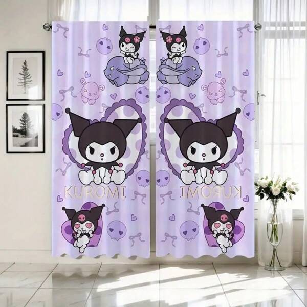 Sanrio 2pcs Sanrio Theme Hello Kitty, Kuromi Print Semi-Sheer Curtains - Made Of Polyester, With Rod Pocket Design For Easy Hanging, Cartoon Print Curtains Suitable For Bedroom, Office, Living Room, Home Decor