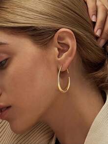 2 件不锈钢女士耳环，18K 镀金泪珠形状，简约椭圆形环设计，轻巧且防过敏