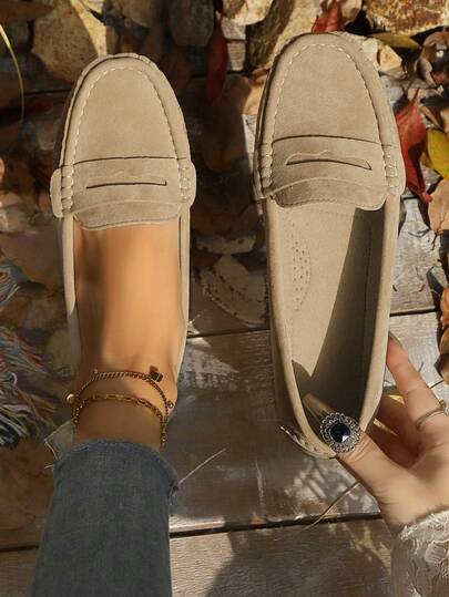 新款女士杏色绒面针织平底鞋，优雅仿绒面平底鞋，四季皆宜的舒适纯色套脚乐福鞋，圆头百搭休闲高端轻便户外/工作鞋，女士工作鞋，套脚鞋，女士正装鞋，商务休闲女鞋，女鞋