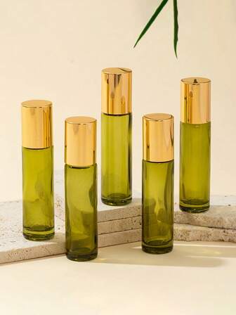 Botellas de rodillo de aceites esenciales a prueba de fugas - Verde oliva, tamaño de viaje, portátil y recargable para difusor de aromaterapia y perfume (5 piezas)