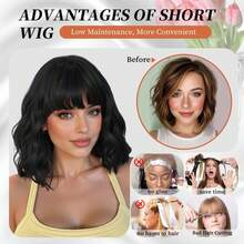 ESSVIGANT Fashion Short Wigs For Women - Black Curly Wavy Synthetic Hair With Side Bangs Shoulder Length Bob Style 14 Inch Natural Looking Wig For Daily Wear/Costume Parties - màu đen - Xem 6