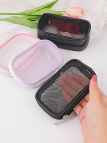 1pc Mesh Travel Storage Bag, Transparent Mesh Makeup Brush Bag, Lipstick Organizer, Small Toiletry Bag, Minimalist, Can Store Mini Makeup Brushes And Sample Skincare Products - Multicolor - View 1