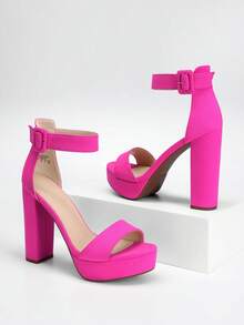 Women High Heel Chunky Block Platform Heels Buckle Decor Ankle Strap Open Toe Chunky Heeled Sandals, Perfect For Autumn Party, Wedding, Prom Night - Hot Pink - View 3