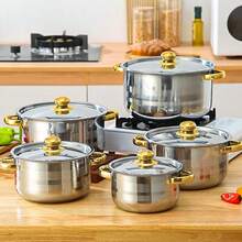 High- Quality Cookware Set - Stainless Steel, 5 Pots With 5 Lids - Dual Handles, Suitable For Home And Restaurant Use, Ideal For Healthy Cooking - Silver-5-piece Set - View 4