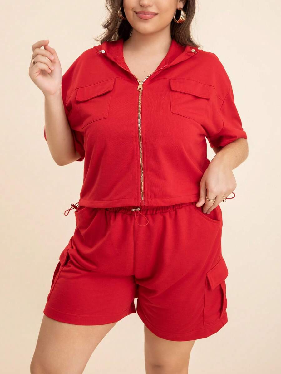 Plus Size Women's Zip-Up Hoodie And Wide-Leg Shorts Set - Stylish Workwear Pocket Shorts Two-Piece Outfit - Red - View 1