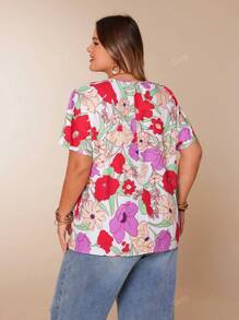V-Neck Floral Print Casual Festival Vacation Short Sleeve Ruffle Hem Pullover Blouse, Plus Size Women