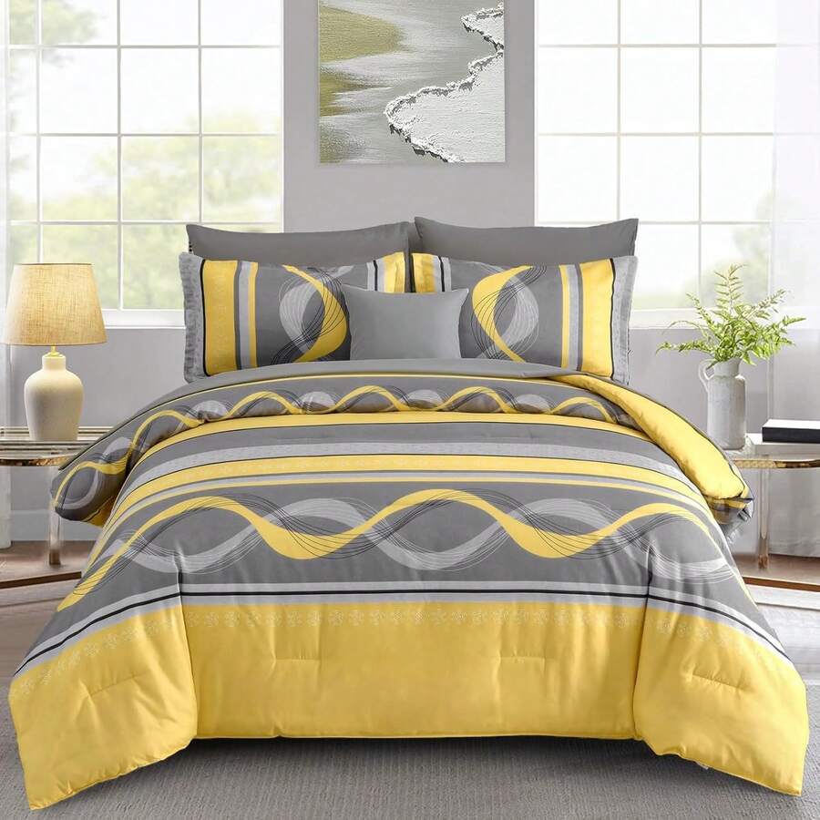 DJY 8 Pieces Black Comforter Set Queen King Size Bed In A Bag Patchwork Striped Bedding Sets,Boho Soft Microfiber Bedding Set For All Season,Wedding Items,Office Decor,Valentines Day Home Bed Room Decor,Easter Gifts - 黑色 - 查看 1