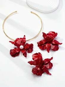 Conjunto de 3 peças de brincos e colares românticos e charmosos com flores vermelhas, conjunto de joias florais para mulheres, adequado para férias, festas, uso diário