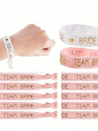 10 st/set Möhippa Brud & Brudtärna Champagne Guldfolie Elastiska Armband, 1 st Vit "BRUD" + 9 st Rosa "BRUD", Alla hjärtans dag Dekoration Tillbehör, Bröllopsmöhippa Tillbehör