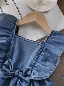 Summer New Baby Girls' Cute Bow Decor Cap Sleeves Denim Dress, Casual