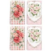 1set/2pcs/4pcs Elegant And Beautiful Rose Patterns Dish Towel, Scouring Pad, Suitable For Restaurant, Kitchen, Bathroom, Daily Decoration, Family Party Decoration, Home Decoration, Household Items, As Gifts