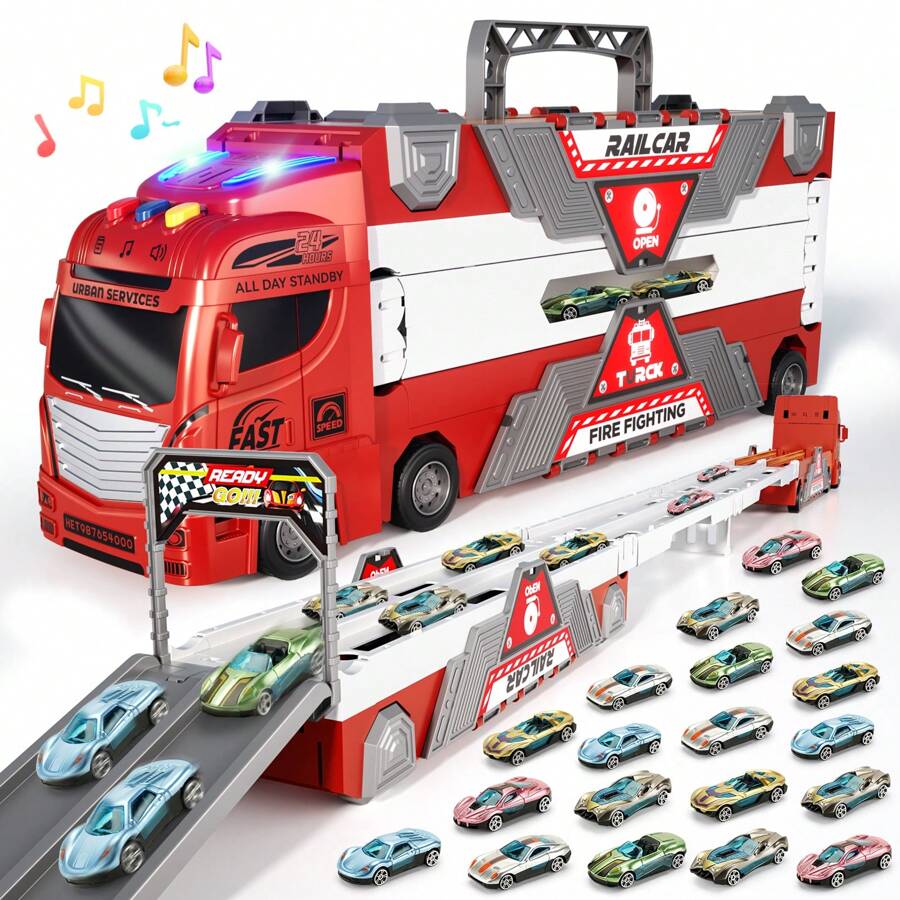 1 pieza Conjunto de juguete de camión de bomberos con pista, juguete de carro a empujar y avanzar para niños pequeños, pista de carreras de 65 pulgadas e incluye 20 vehículos, juguetes para niños y niñas de 2 a 8 años, regalos de cumpleaños/Navidad/días festivos