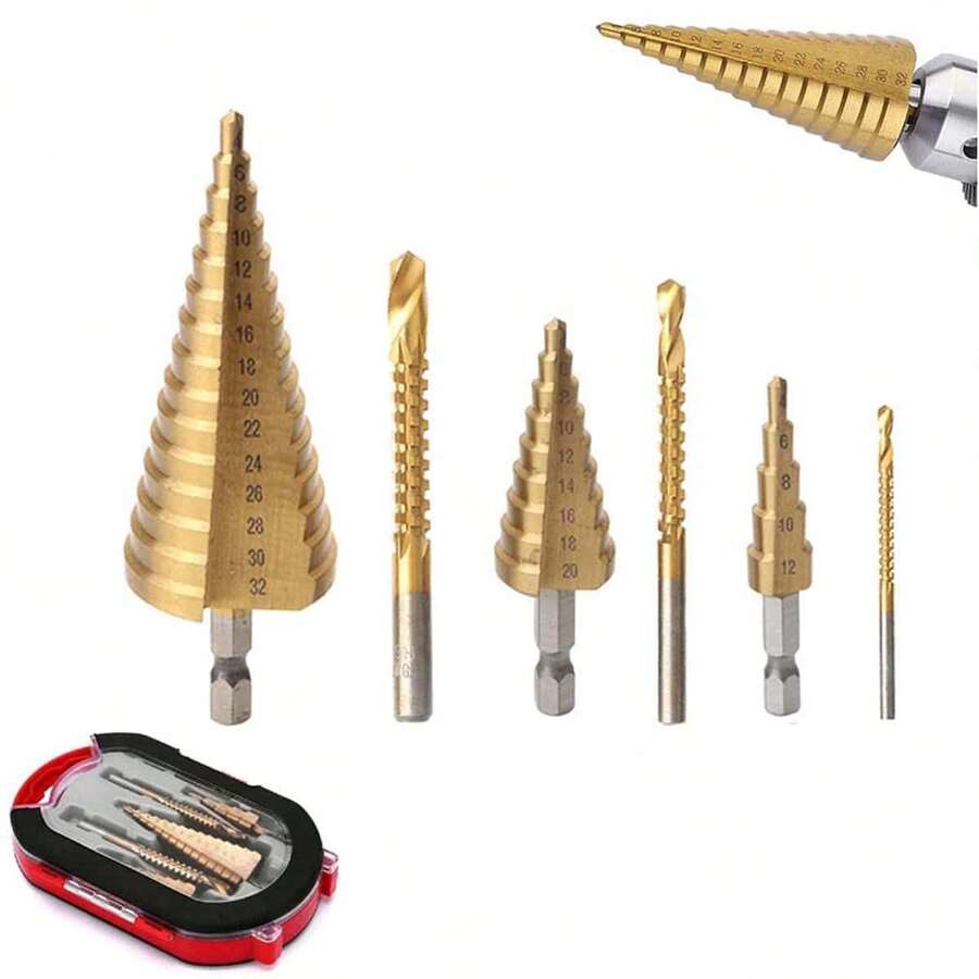 6 件钛阶梯钻头套装，3 件梯形钻头，3 件高速扩孔宝塔锯齿钻头套装（带盒）- 锯齿钻头，多孔阶梯钻头，适合 DIY 爱好者 - 金色 - 查看 1