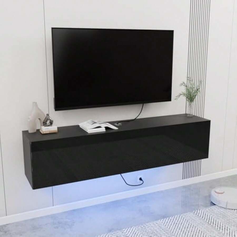 Floating Tv Stand With Led Light For 65 Inch Tvs Wall Mounted Led Entertainment Center With High Gloss Storage Modern Floor Black Mounted Media Console For Living Room - 1 - View 1
