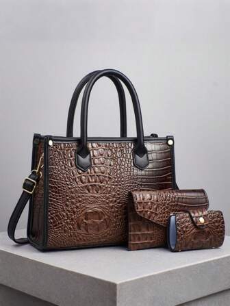 Ensemble de 3 sacs de luxe avec texture de crocodile pour femmes, comprenant un sac fourre-tout de grande capacité, un sac à bandoulière et un porte-cartes, pour les déplacements quotidiens