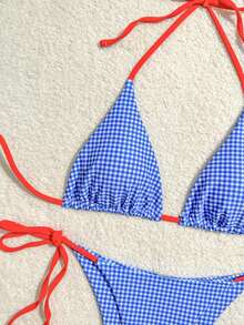 2件套女士2025新款欧美风蓝白格纹比基尼泳衣套装，适合度假海滩夏季穿着 - 淺藍色 - 查看 3