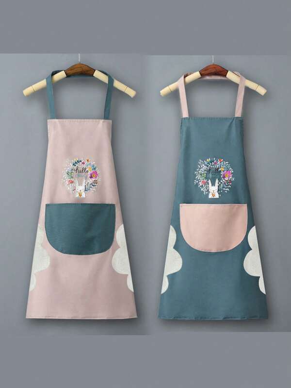 2 Pcs Water-Resistant Apron, Floral Bunny Kitchen Apron, Hanging Neck & Waist Cartoon Apron, Apron Work Uniform, Dirt-Resistant, High-Quality Kitchen Home Use Summer Thin