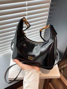 1pc Women's Faux Snake Skin Woven Solid Color PU Leather Tote Bag With Random Pattern Strap Decor, Versatile Design - Black - View 5