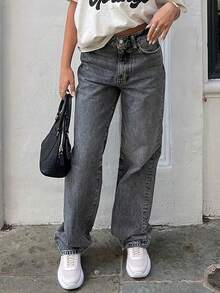 (Cotton Blend) Women's Vintage High Waist Straight Leg Jeans - Grey - View 4