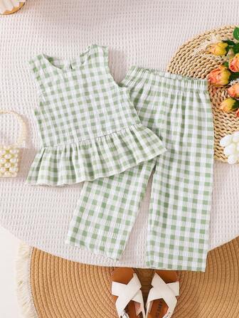 Conjunto de verano para bebé/niña pequeña con top de chaleco de punto a cuadros con cuello de escote y dobladillo con volantes + pantalón holgado de punto a cuadros