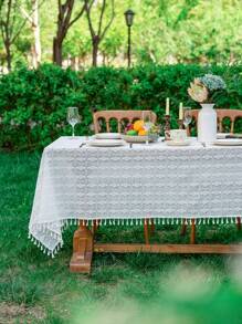 1 Pc Solid Color Four Leaf Clover Tassel Tablecloth, Rectangular Hollow Atmosphere Table Cloth, Suitable For Wedding, Holiday Gathering, Daily Home Use And Other Table Decor Textile