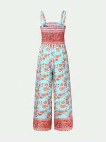 Women's Floral Print Wide-Leg Jumpsuit With Adjustable Straps And Pockets - Elegant Summer Overalls In Blue, Pink, Yellow, Orange, And White Flowers, Summer Out Digital Print Fabric, Floral Print Jumpsuit