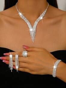 时尚婚纱首饰套装，水钻项链，耳环，手链，弹力戒指（多种搭配可选）