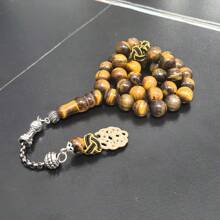 Regalo de Ramadán Tasbih de Ojo de Tigre Natural con Rosario Islámico de Algodón Hecho a Mano Trabizona Musulmán de 33 Cuentas de Oración Accesorios de Moda Árabe